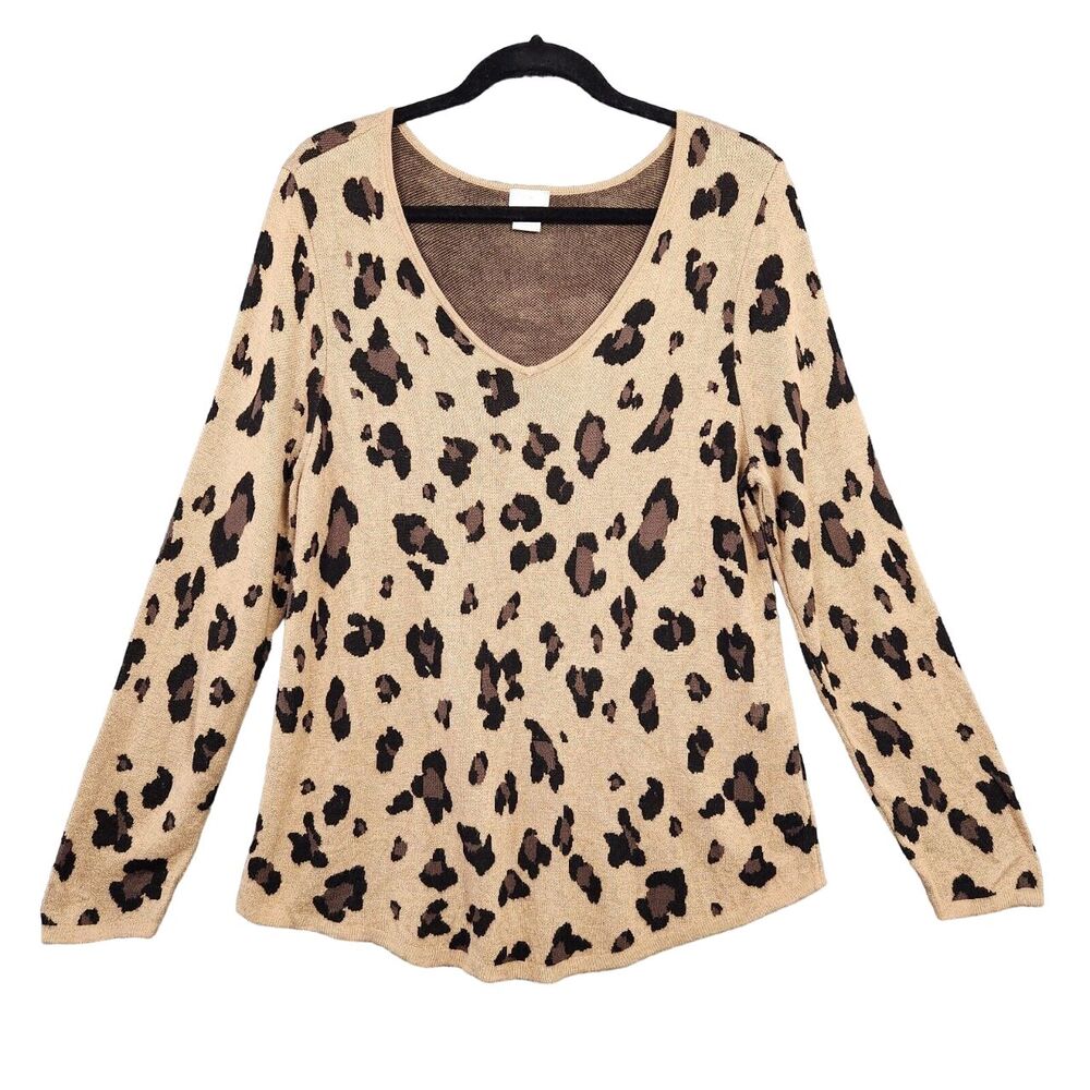 CHICOS Tan Leopard Animal Print V-Neck Sweater Cozy Comfort SIZE 2 US LARGE